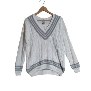 Vintage Erika  Sweater Womens Large  Cableknit Vneck Preppy Academia Old Money